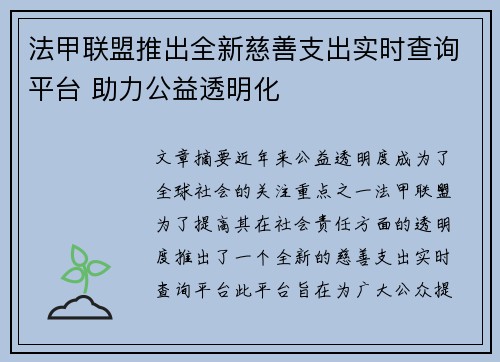 法甲联盟推出全新慈善支出实时查询平台 助力公益透明化