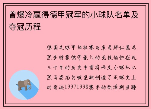 曾爆冷赢得德甲冠军的小球队名单及夺冠历程